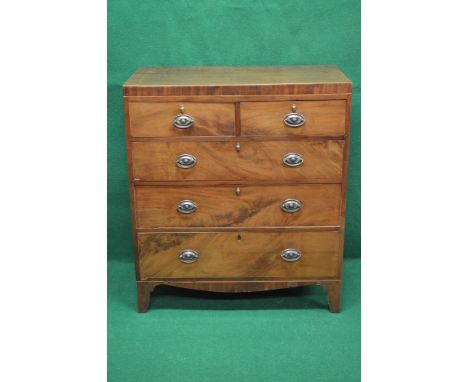 Mahogany string inlaid chest of drawers having two short drawers and three long graduated drawers with brass handles and acor