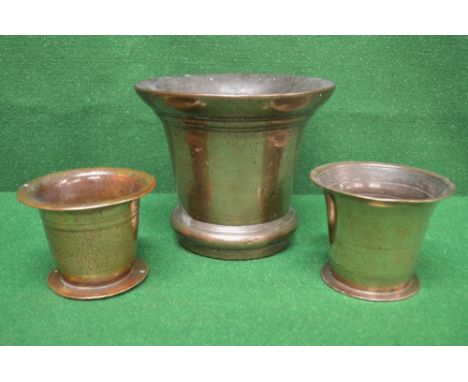 19th century bronze mortar - 7.25" tall together with two other smaller mortars - 4" tall each