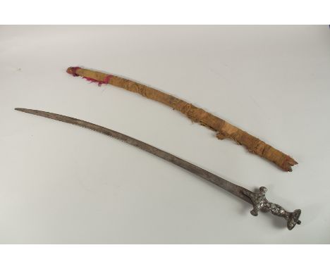 AN 18TH-19TH CENTURY INDIAN TULWAR SWORD, with silver inlaid hilt and inscribed blade - possibly Sikh, 88cm overall.