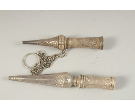 TWO INDIAN SILVER HUQQA PIPE MOUTH PIECES, (2).