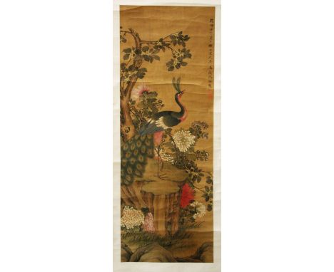 A GOOD CHINESE HANGING SCROLL PAINTING ON SILK OF A PEACOCK AFTER SHEN QUAN, the scroll bearing a date corresponding to 1762,