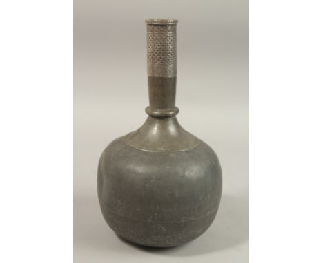 A RARE 18TH CENTURY MUGHAL INDIAN SILVER MOUNTED LEAD SURAHI BOTTLE, 30cm high.