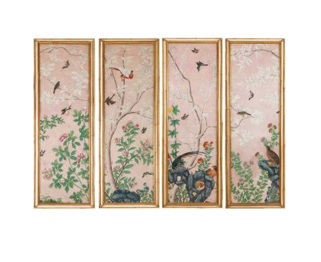 SET OF FOUR CHINESE EXPORT 'EXOTIC BIRDS' WALLPAPER PANELS  QING DYNASTY, 18TH-19TH CENTURY  清 外銷壁紙花鳥圖 紙本設色 鏡框 （共四幅） gouache 