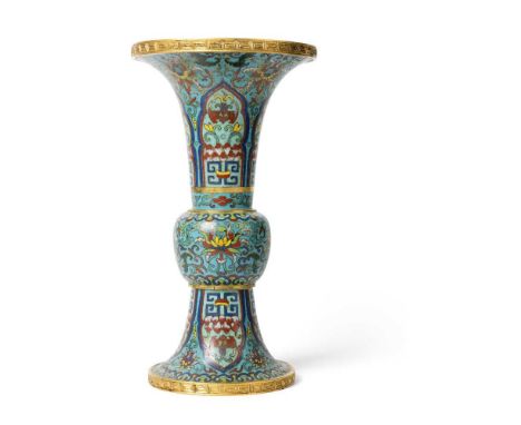 LARGE CLOISONNÉ ENAMEL 'GU' VASE QING DYNASTY, 18TH CENTURY  清 銅胎掐絲琺瑯觚式大瓶 of gu-form with trumpet-shaped upper and lower body