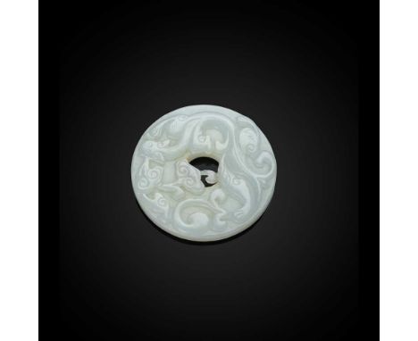 WHITE JADE 'DRAGON' PENDANT QING DYNASTY, 19TH CENTURY  清 白玉雕螭龍紋環形吊墜 one side carved with a chi-dragon crawling on a huan-sha