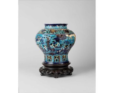 RARE AND RETICULATED FAHUA 'BOYS AT PLAY' LARGE JAR  MING DYNASTY, 15TH-16TH CENTURY 明 琺華鏤雕嬰戲圖大罐 of baluster form, the openwo