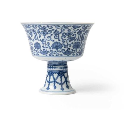 BLUE AND WHITE 'LANCA' STEM CUP QING DYNASTY, DAOGUANG SIX-CHARACTER SEAL MARK IN UNDERGLAZE BLUE AND OF THE PERIOD  清道光 青花「大