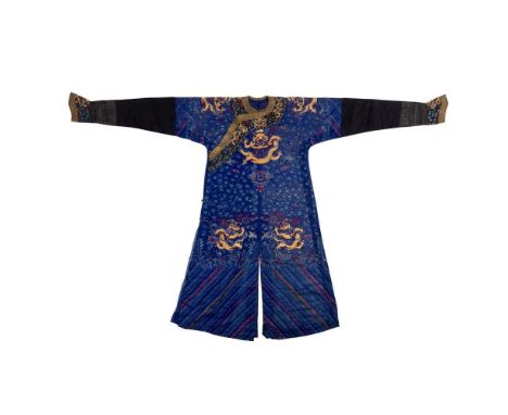 BLUE-GROUND GAUZE 'NINE DRAGONS' SUMMER ROBE, JIFU QING DYNASTY, 19TH CENTURY  清 藍地納紗繡金九龍雲蝠紋吉服袍  finely embroidered in couche