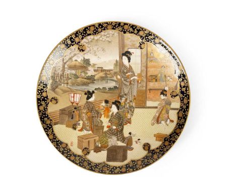 SATSUMA 'DOLL'S FESTIVAL' PLATE IKKO FOR THE KINKOZAN WORKSHOP, MEIJI PERIOD, CIRCA 1900 明治 '一香畫' '錦光山造'款 薩摩燒女兒節圖盤 finely pai