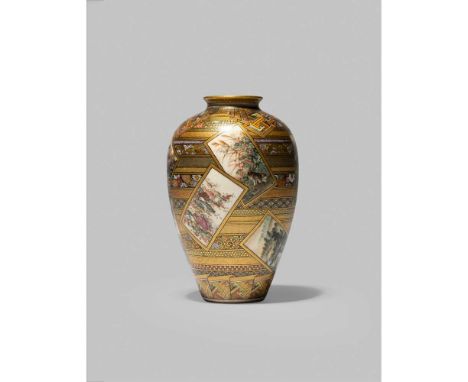 FINE SATSUMA 'PAINTINGS' VASE MEIJI PERIOD, POSSIBLY SOZAN FOR THE KINKOZAN WORKSHOP 明治 或爲素山畫 錦光山製 薩摩燒錦地十幀畫小瓶 of tapered ovoi