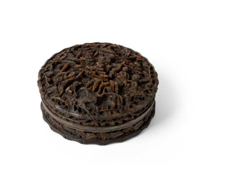 CANTON CARVED TORTOISESHELL CIRCULAR BOX AND COVER QING DYNASTY, 19TH CENTURY 清 玳瑁雕閣樓人物紋圓蓋盒 the cover delicately carved in re