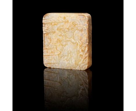 WHITE JADE WITH RUSSET INCLUSIONS 'LANDSCAPE' PLAQUE QING DYNASTY, 18TH CENTURY  清 白玉帶沁山水人物紋玉牌 of rectangular form, one side 