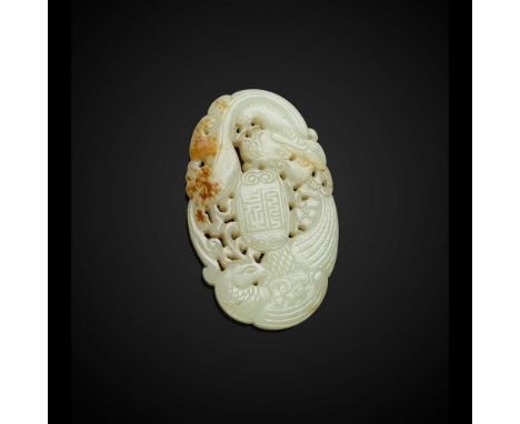 PALE CELADON JADE 'DRAGON AND PHOENIX' PENDANT QING DYNASTY, 19TH CENTURY  清 青白玉雕龍鳳呈祥玉珮 carved in relief with a dragon and ph