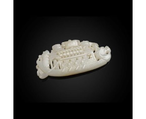 WHITE JADE RETICULATED 'DRAGON BOAT' PLAQUE QING DYNASTY, 18TH-19TH CENTURY  清 白玉透雕龍舟玉牌 both sides similarly and finely pierc