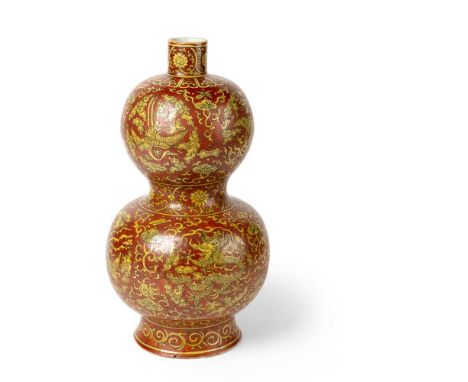 RARE LARGE YELLOW AND RED-ENAMELLED 'DRAGON AND PHEONIX' DOUBLE-GOURD VASE MING DYNASTY, JIAJING MARK AND OF THE PERIOD  明嘉靖 