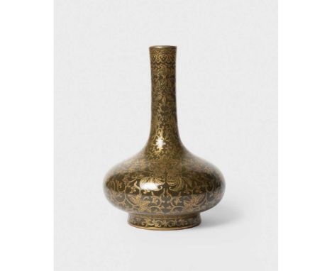 GILT-DECORATED TEA-DUST-GLAZED 'FLORAL SCROLL' BOTTLE VASE QING DYNASTY, JIAQING MARK AND OF THE PERIOD  清嘉慶款及年代 茶葉末地描金纏枝蓮紋荸薺