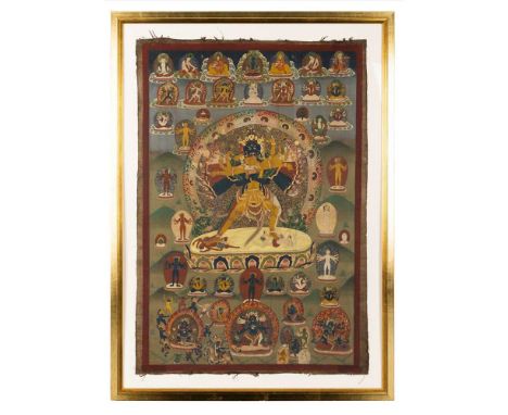 THANGKA DEPICTING VAJRASATTVA WITH CONSORT QING DYNASTY, 19TH CENTURY  清 半忿怒相雙身金剛薩埵唐卡 colour on fabric, the semi-wrathful dei