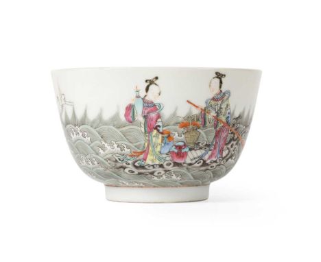 FAMILLE ROSE 'IMMORTALS' BOWL QING DYNASTY, QIANLONG MARK, 19TH CENTURY 清 乾隆款 粉彩海屋添籌圖碗 delicately potted with steep sides ris