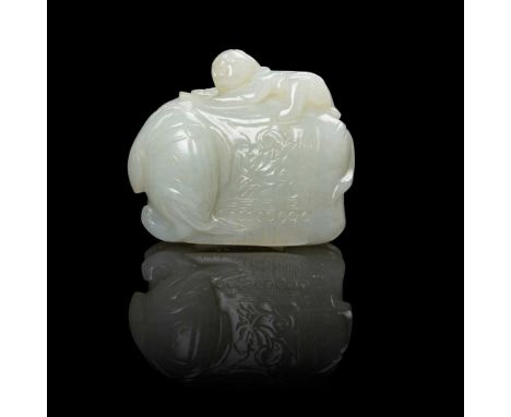 CELADON JADE CARVING OF A BOY ON ELEPHANT QING DYNASTY, 18TH CENTURY  清 青玉雕童子騎象擺件 carved as an elephant standing four-square 