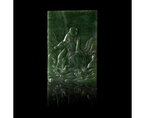 SPINACH-GREEN JADE TABLE SCREEN INCISED WITH AN ARHAT ON DEER QING DYNASTY, 19TH CENTURY  清 碧玉描金雕騎鹿羅漢詩文插屏 one side carved in 