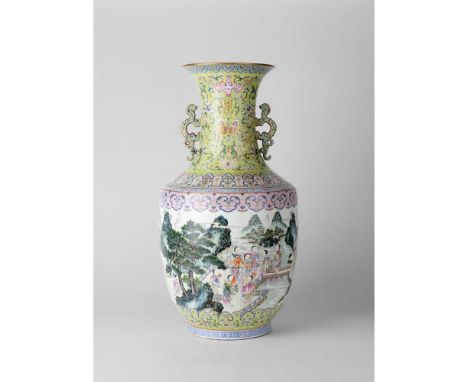 LARGE FAMILLE ROSE 'DANCING LADIES' VASE QING DYNASTY, 18TH-19TH CENTURY  清 粉彩綠地描金通景歌舞升平圖福在眼前雙螭耳大瓶 the tapered cylindrical bo