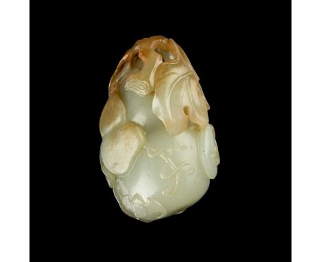 CELADON JADE WITH RUSSET SKIN 'GOURD' PENDANT QING DYNASTY, 18TH-19H CENTURY  清 青玉帶皮雕福祿葫蘆形吊墜 carved of a double-gourd form, d