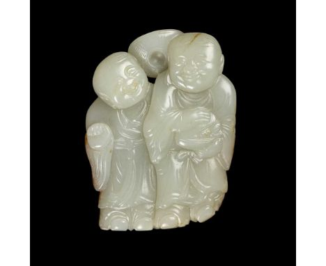 CELADON JADE WITH RUSSET SKIN CARVING OF 'HEHE ERXIAN' PENDANT QING DYNASTY, 19TH CENTURY  清 青玉帶皮雕和合二仙吊墜 carved as the mythic