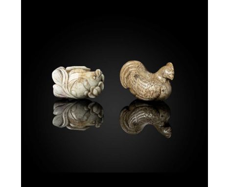 TWO 'CHICKEN-BONE' JADE CARVINGS MING DYNASTY 明 雞骨白玉雕雞形及魚形擺件（共兩件） one of chicken form, carved in seated position with its fee