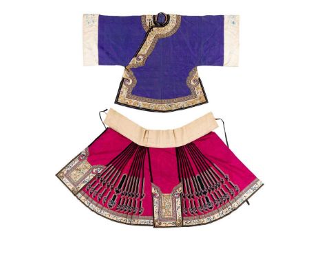 SILK EMBROIDERED LADY'S SKIRT AND OVERCOAT QING DYNASTY, 19TH CENTURY  清 櫻桃紅地刺繡人物花蝶紋百褶裙 及 深紫地葫蘆蒲扇人物紋外套（共兩件） the pleated ruby-