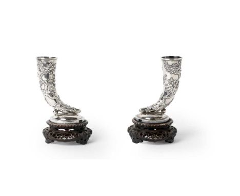PAIR OF CHINESE EXPORT SILVER VASES LATE QING TO REPUBLIC PERIOD, CUM WO, QUEEN'S ROAD, HONG KONG, CIRCA 1860-1920 清末民初 「瑞」、「