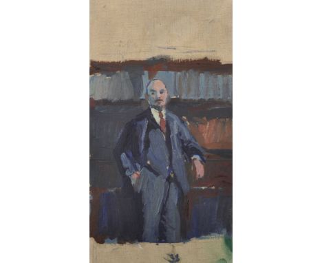 Josef Smesny (1907-1990) Czech. "Lenin", Portrait of Lenin standing in an Interior, Oil on Canvas, Inscribed on a label on re