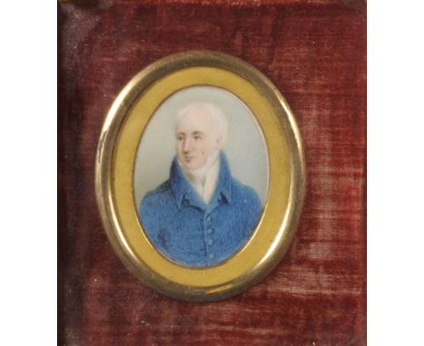 Early 19th Century English School. Portrait Miniature of a Gentleman, wearing a Blue Coat, Watercolour, Oval, 2" x 1.5", and 