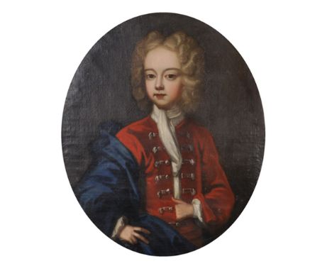 18th Century English School. Portrait of a Boy in a Scarlet Jacket, Oil on Canvas, Oval, 30" x 25". Literature: "Portraits in