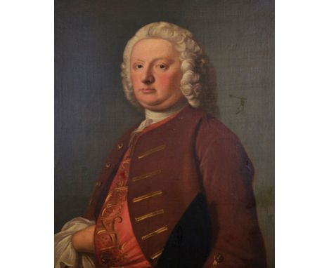 Circle of Thomas Hudson (1701-1779) British. Portrait of Edward Crichton, Wigged, wearing a Red Coat and Pink Embroidered Wai
