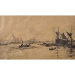 William Lionel Wyllie (1851-1931) British. "The Lower Pool", The Thames, Etching, Signed in
