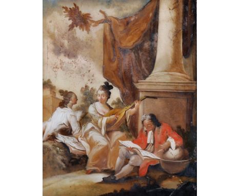 18th Century Dutch School. Figure Subject with a Man in the Foreground Mapping the World, and a Woman playing a Mandolin, Oil