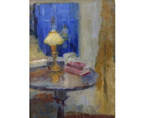 20th Century Scottish School. Interior Scene with a Lamp and Books on a Table, Oil on Canvas Laid down, 8.5" x 6.25".