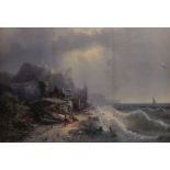 19th Century English School. On the Beach by a Stormy Sea with Ruins in the Distance,