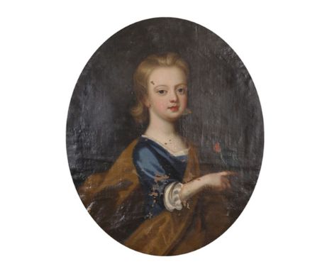 18th Century English School. Portrait of a Girl holding a Parrot, Wearing a Blue Dress and Brown Shawl, Oil on Canvas, Oval, 