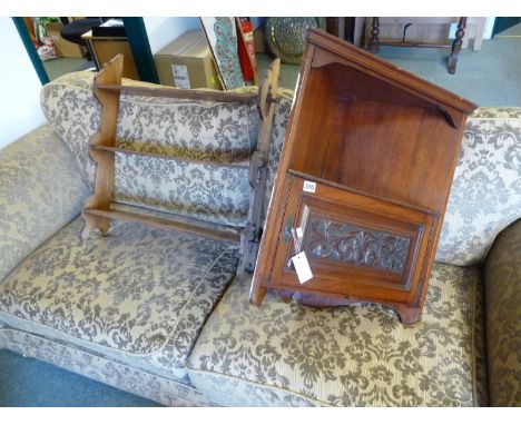 Edwardian Mahogany corner cabinet with carved floral door and a Oak 3 tier wall shelf 