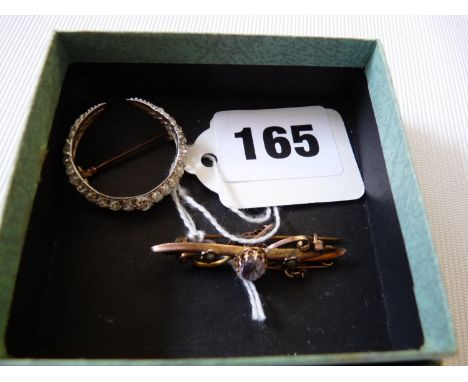 Edwardian Diamond Old Cut Claw set Crescent brooch on Gold setting and a 9ct Gold Amethyst & Seed pearl set brooch 