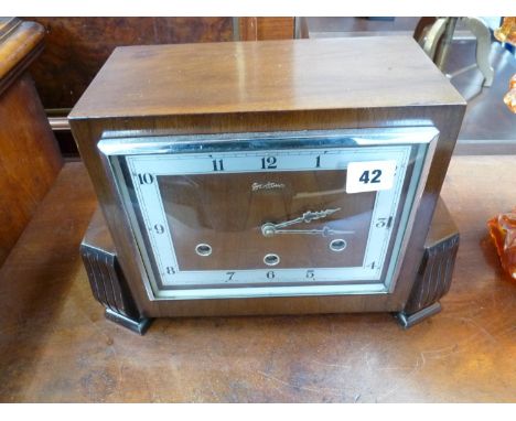 Art Deco Walnut cased Bentima mantel clock with chrome framed dial 