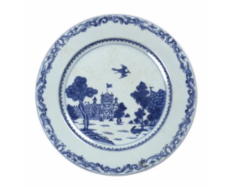 Blue and white export ‘Burghley House’ dishChinese, circa 1740finely decorated in the well with a central scene depicting a T