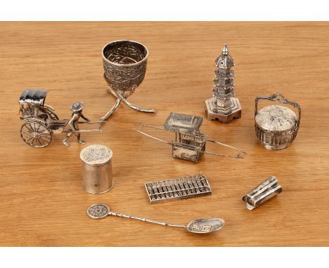 Collection of various white metal (silver) novelty items Chinese, export, late 19th/early 20th Century,to include a miniature