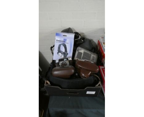 A Box Containing Vintage 35mm Cameras, Camcorders, Stereo Headphones etc 