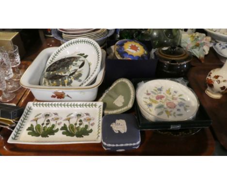A Tray of Ceramics to Include Wedgwood Jasperware, Portmeirion Botanic Garden, Royal Worcester Millennium, Minton Haddon Hall