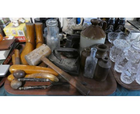 A Tray of Sundries to Include Boot Trees, Glassware, Flat Irons, Stoneware Bottles, Car Bicycle Lamp etc 