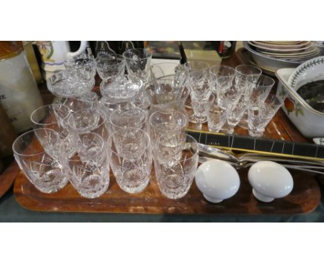 A Tray Containing Various Cut Glass Whiskies and Sherries, Silver Plated Cutlery, Ceramic Door Handles Etc 