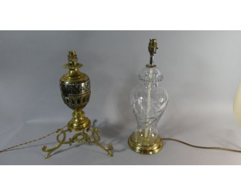 A North African Mixed Metal Niello Style Table Lamp On Tripod Support Together with a Cut Glass Vase Shape Example, 43cm and 