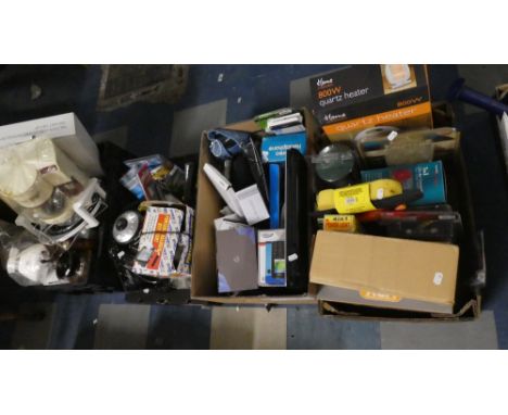 Four Boxes of Kitchen Wares, Tools, Torches, Heaters etc 